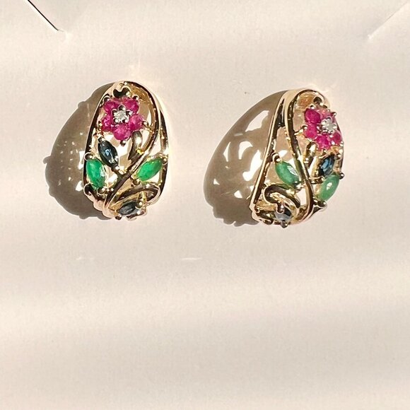 VTG 10K Gold Multicolor Gemstone Earrings, Emeralds, Saphire, Diamond, Rubies